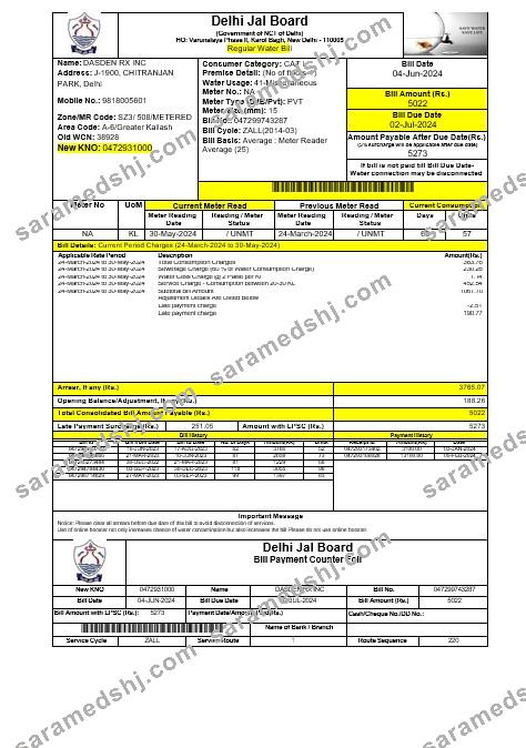 INIDA DELHI JAL BOARD business utility bill Word and PDF template